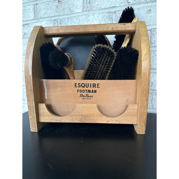 Esquire Footman Deluxe Vintage Shoe Shine Wooden Holder with Multiple Brushes - Picture 2 of 10